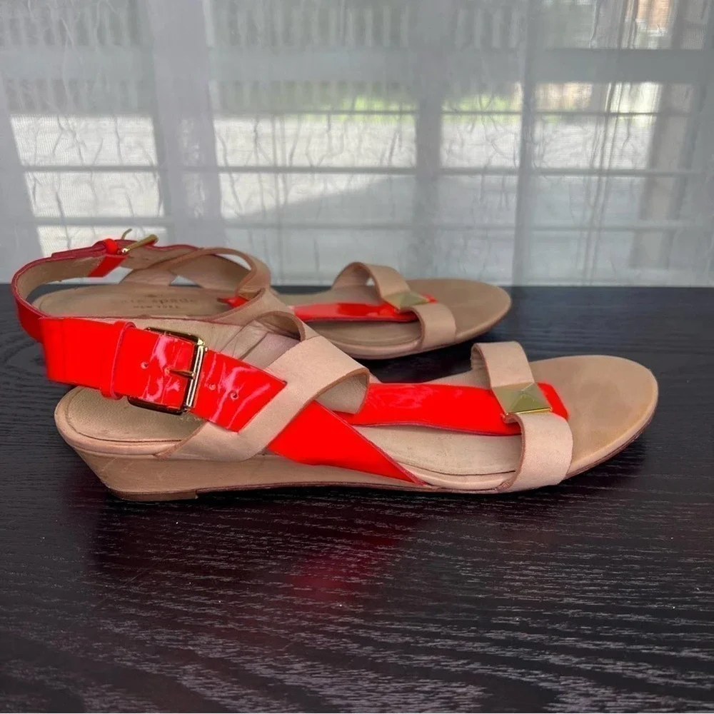 KATE Spade New York Sandals Neon Orange Patent Leather Gold Studs Size 8